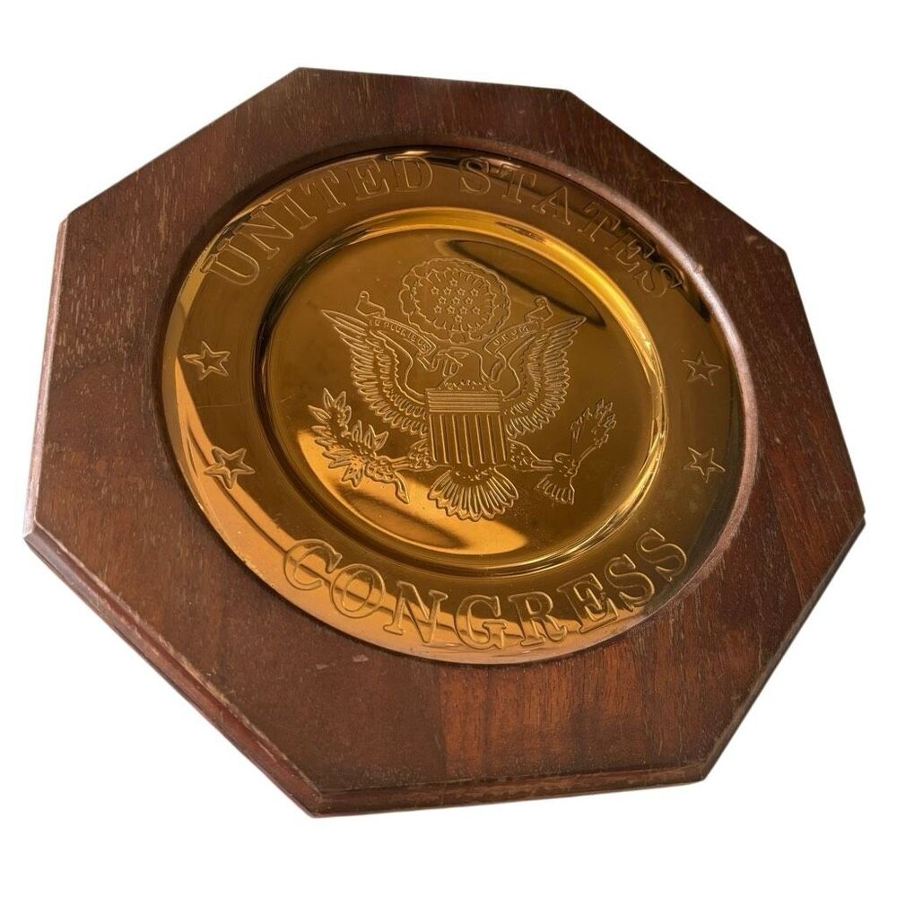 Vintage Dirilyte US Congress Brass Bronze Octagonal Wood Wall Plaque Sign 10.75"